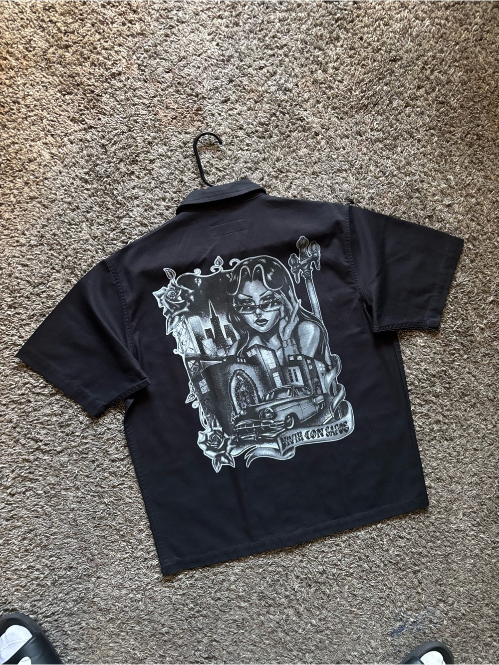 Black Graphic Short-Sleeve Shirt Chicano Artwork